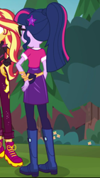 Size: 1242x2208 | Tagged: safe, screencap, sci-twi, sunset shimmer, twilight sparkle, better together, equestria girls, festival filters, boots, clothes, fanny pack, geode of telekinesis, magical geodes, ponytail, shoes