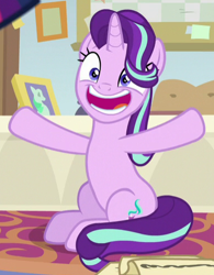 Size: 385x493 | Tagged: safe, screencap, starlight glimmer, pony, unicorn, a horse shoe-in, cropped, cute, faic, female, glimmerbetes, grin, mare, smiling, spread hooves, starlight's office