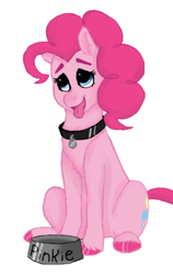 Size: 536x847 | Tagged: safe, artist:graffiti, pinkie pie, earth pony, pony, behaving like a dog, collar, eye shimmer, food bowl, looking up, panting, pet play, puppy pie, sitting