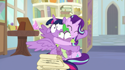 Size: 1920x1080 | Tagged: safe, screencap, spike, starlight glimmer, twilight sparkle, twilight sparkle (alicorn), alicorn, dragon, pony, unicorn, a horse shoe-in, book, bookshelf, bulging eyes, female, hug, mare, scroll, squeezing, starlight's office, winged spike