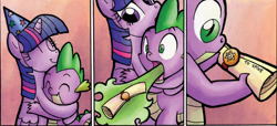 Size: 1266x579 | Tagged: safe, derpibooru import, idw, spike, twilight sparkle, twilight sparkle (alicorn), alicorn, dragon, pony, spoiler:comic, spoiler:comicff3, burp, comic, dragon mail, duo, female, fire, green fire, hug, letter, male, mare, official comic, scroll