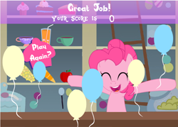 Size: 722x517 | Tagged: safe, pinkie pie, earth pony, pony, 0, balloon, cheering, fail, failure, flash game, funny, loser, solo, sugarcube corner, you had one job