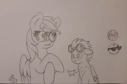 Size: 1024x676 | Tagged: safe, artist:henrique-alves, derpibooru import, rainbow dash, soarin', pegasus, pony, female, gangnam style, goggles, heart, heart eyes, male, pencil drawing, shipping, soarindash, straight, sunglasses, traditional art, wingding eyes