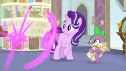 Size: 1920x1080 | Tagged: safe, screencap, spike, starlight glimmer, dragon, pony, unicorn, a horse shoe-in, book, bookshelf, female, globe, magic, male, mare, scroll, starlight's office, teleportation, trio, winged spike