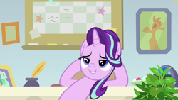 Size: 1920x1080 | Tagged: safe, screencap, phyllis, starlight glimmer, pony, unicorn, a horse shoe-in, female, inkwell, mare, philodendron, potted plant, quill, starlight's office