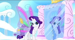 Size: 1360x730 | Tagged: safe, screencap, rarity, pony, unicorn, sonic rainboom (episode), bedroom eyes, cloudsdale, glimmer wings, mirror, raised hoof, solo