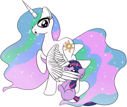 Size: 2000x1684 | Tagged: safe, artist:datapony, princess celestia, twilight sparkle, alicorn, pony, duo, filly, filly twilight sparkle, nom, wing bite, younger