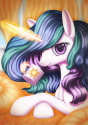 Size: 1024x1448 | Tagged: dead source, safe, artist:crystallinepone, princess celestia, alicorn, pony, female, glowing horn, looking at you, mare, mug, solo