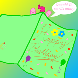 Size: 500x500 | Tagged: safe, artist:crazynutbob, pinkie pie, earth pony, pony, birthday, birthday card, minty smell
