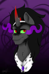 Size: 730x1093 | Tagged: dead source, safe, artist:fluffyzecloud, derpibooru import, king sombra, pony, unicorn, bust, chest fluff, chin fluff, ear fluff, looking at you, male, portrait, signature, smug, solo, sombra eyes, stallion