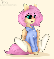 Size: 1280x1390 | Tagged: safe, artist:sukiskuki, fluttershy, pegasus, pony, alternate hairstyle, clothes, cute, eye clipping through hair, female, hoodie, looking at something, mare, open mouth, shyabetes, simple background, sitting, smiling, socks, solo, thigh highs, white background