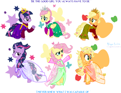 Size: 5674x4328 | Tagged: safe, artist:meganlovesangrybirds, applejack, fluttershy, twilight sparkle, earth pony, pegasus, pony, absurd resolution, clothes, dress, elsa, frozen (movie), queen elsarity, simple background, transparent background