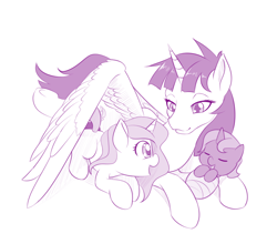 Size: 1000x880 | Tagged: safe, artist:dstears, princess celestia, princess luna, oc, oc:fausticorn, alicorn, pony, alicorn oc, baby, baby luna, baby pony, cewestia, cute, female, filly, foal, monochrome, mother and child, mother and daughter, parent and child, pink-mane celestia, simple background, sweet dreams fuel, trio, white background, woona, younger