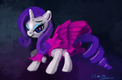 Size: 2000x1300 | Tagged: safe, artist:xbi, rarity, pony, unicorn, 30 minute art challenge, abstract background, clothes, dress, lidded eyes, raised hoof, solo