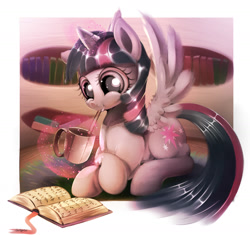 Size: 1711x1606 | Tagged: safe, artist:carligercarl, derpibooru import, twilight sparkle, twilight sparkle (alicorn), alicorn, pony, book, drinking, female, magic, mare, mug, out of frame, prone, smiling, solo, spread wings