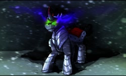 Size: 1280x778 | Tagged: safe, artist:tailung, derpibooru import, king sombra, pony, unicorn, armor, blizzard, glowing eyes, snow, snowfall, solo, sombra eyes