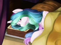 Size: 4160x3120 | Tagged: safe, artist:poecillia-gracilis19, princess celestia, alicorn, pony, bed, cake, cakelestia, food, solo