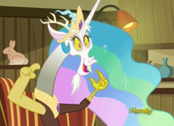 Size: 1245x905 | Tagged: safe, screencap, discord, dungeons and discords, cropped, discord's celestia face, discovery family logo