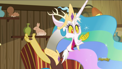 Size: 1920x1080 | Tagged: safe, screencap, discord, dungeons and discords, crown, discord's celestia face, horn, jewelry, male, multicolored mane, regalia, smiling, solo, yellow sclera