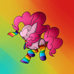 Size: 2048x2048 | Tagged: safe, artist:mr. rottson, pinkie pie, earth pony, pony, anatomically incorrect, clothes, cute, diapinkes, eyes closed, gay pride, gay pride flag, incorrect leg anatomy, mouth hold, necktie, panties, pride, rainbow socks, raised hoof, raised leg, scarf, smiling, socks, solo, striped socks, underwear