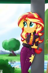 Size: 3700x5600 | Tagged: safe, artist:theretroart88, sunset shimmer, better together, equestria girls, festival filters, absurd resolution, clothes, crossed arms, cute, cutie mark on clothes, female, pants, sexy, smiling, solo