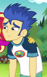 Size: 404x661 | Tagged: safe, screencap, flash sentry, sunset shimmer, equestria girls, legend of everfree, arm around neck, arms, camp everfree logo, camp everfree outfits, clothes, cropped, hand on shoulder, male, offscreen character, solo focus