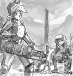Size: 833x862 | Tagged: safe, artist:johnjoseco, applejack, fluttershy, dog, human, armor, bfg, brotherhood of steel, crossover, dogmeat, fallout, fallout 3, fallout 4, gatling laser, grayscale, humanized, monochrome, power armor, powered exoskeleton, recon armor, t-45d, washington monument