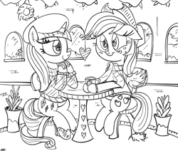 Size: 900x764 | Tagged: safe, artist:daniel-sg, applejack, rarity, earth pony, pony, unicorn, female, lesbian, monochrome, rarijack, shipping, sketch