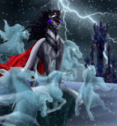 Size: 861x929 | Tagged: safe, artist:megbeth, derpibooru import, king sombra, pony, unicorn, windigo, crystal empire, lightning, snow, snowfall