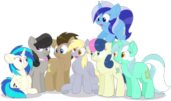 Size: 3367x1990 | Tagged: safe, artist:rainbow eevee, bon bon, derpy hooves, dj pon-3, doctor whooves, lyra heartstrings, minuette, octavia melody, sweetie drops, vinyl scratch, earth pony, pegasus, pony, unicorn, background six, bowtie, cute, derpabetes, doctor whooves gets all the mares, female, floppy ears, folded wings, grin, group photo, looking at each other, looking away, male, obtrusive watermark, open mouth, simple background, smiling, transparent background, vector, watermark, wings