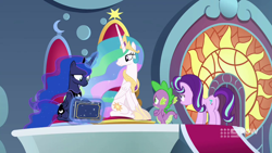 Size: 1280x720 | Tagged: safe, screencap, princess celestia, princess luna, spike, starlight glimmer, alicorn, dragon, pony, memories and more, spoiler:memories and more, spoiler:mlp friendship is forever, book, winged spike