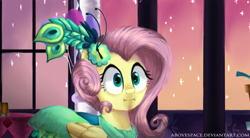 Size: 1440x796 | Tagged: safe, artist:abovespace, fluttershy, pegasus, pony, make new friends but keep discord, :i, clothes, dress, gala dress, scene interpretation, solo, we bought two cakes