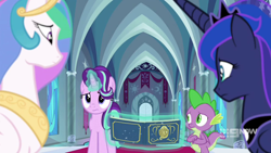 Size: 1280x720 | Tagged: safe, screencap, princess celestia, princess luna, spike, starlight glimmer, alicorn, dragon, pony, memories and more, spoiler:memories and more, spoiler:mlp friendship is forever, book, winged spike