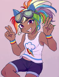 Size: 859x1127 | Tagged: artist needed, source needed, safe, derpibooru import, rainbow dash, human, equestria girls, bare shoulders, clothes, cute, dark skin, dashabetes, eared humanization, female, goggles, humanized, kotobukiya, kotobukiya rainbow dash, open mouth, peace sign, solo, tan, tan lines, tanktop