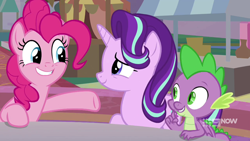 Size: 1280x720 | Tagged: safe, screencap, pinkie pie, spike, starlight glimmer, dragon, earth pony, pony, memories and more, spoiler:memories and more, spoiler:mlp friendship is forever, winged spike