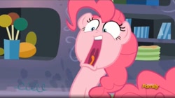 Size: 1649x923 | Tagged: safe, screencap, pinkie pie, earth pony, pony, party pooped, faic, frown, open mouth, solo, tongue out, uvula, wide eyes