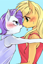 Size: 500x750 | Tagged: safe, artist:pasikon, applejack, rarity, anthro, bandaid, blushing, eye contact, female, frown, glare, hug, lesbian, open mouth, rarijack, shipping, sweatdrop