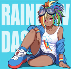 Size: 1500x1465 | Tagged: safe, artist:caibaoreturn, derpibooru import, rainbow dash, human, big breasts, breasts, clothes, cute, dark skin, dashabetes, female, goggles, human coloration, humanized, koto dash, kotobukiya, kotobukiya rainbow dash, looking at you, shoes, shorts, smiling, solo, tan, tan lines, tanktop, wristband