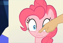 Size: 1294x889 | Tagged: safe, edit, screencap, pinkie pie, earth pony, pony, party pooped, :i, boop, boop edit, faic, finger, hand, solo, wide eyes