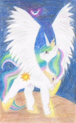 Size: 3104x4992 | Tagged: safe, artist:pixel-penguin-da, princess celestia, princess luna, alicorn, pony, crying, looking up, moon, raised hoof, sad, spread wings, to the moon, traditional art