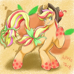 Size: 1100x1100 | Tagged: safe, artist:jiiko, applejack, earth pony, pony, grin, looking at you, pixiv, rainbow power, solo