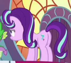 Size: 316x278 | Tagged: safe, screencap, spike, starlight glimmer, dragon, pony, unicorn, memories and more, spoiler:memories and more, butt, cropped, female, mare, plot, solo focus, winged spike