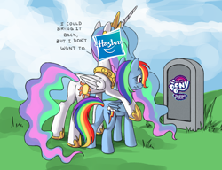 Size: 1280x985 | Tagged: safe, derpibooru import, princess celestia, rainbow dash, alicorn, pegasus, pony, butt, celestia's grave meme, end of ponies, exploitable meme, female, grave, hasbro, hasbro logo, implied death, mare, meme, my little pony, my little pony logo, plot