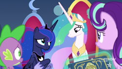 Size: 1280x720 | Tagged: safe, screencap, princess celestia, princess luna, spike, starlight glimmer, alicorn, dragon, pony, unicorn, memories and more, spoiler:memories and more, spoiler:mlp friendship is forever