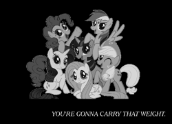 Size: 1075x780 | Tagged: safe, derpibooru import, applejack, fluttershy, pinkie pie, rainbow dash, rarity, twilight sparkle, earth pony, pegasus, pony, unicorn, cowboy bebop, end of ponies, grayscale, mane six, mane six opening poses, monochrome, reference, the beatles