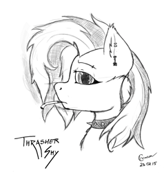 Size: 1764x1852 | Tagged: safe, artist:crimson, fluttershy, pegasus, pony, black and white, cigarette, ear piercing, earring, grayscale, monochrome, piercing, simple background, smoking, solo, traditional art