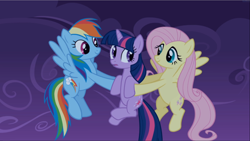 Size: 1666x939 | Tagged: safe, derpibooru import, screencap, fluttershy, rainbow dash, twilight sparkle, unicorn twilight, pegasus, pony, unicorn, friendship is magic, female, flying, holding a pony, mare, smiling, trio