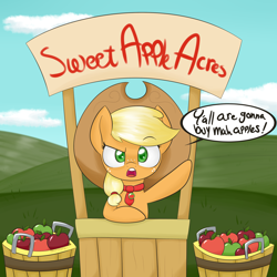 Size: 2000x2000 | Tagged: safe, artist:notenoughapples, applejack, earth pony, pony, accent, apple, apple stand, buy some apples, cute, female, filly, jackabetes, looking at you, necktie, solo, y'all