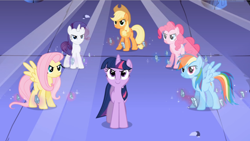 Size: 1666x938 | Tagged: safe, derpibooru import, screencap, applejack, fluttershy, pinkie pie, rainbow dash, rarity, twilight sparkle, unicorn twilight, earth pony, pegasus, pony, unicorn, friendship is magic, castle of the royal pony sisters, female, glow, magic, mane six, mare, smiling