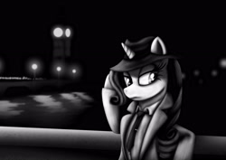 Size: 3508x2480 | Tagged: safe, artist:athos01, rarity, pony, unicorn, clothes, detective rarity, high res, monochrome, solo, water